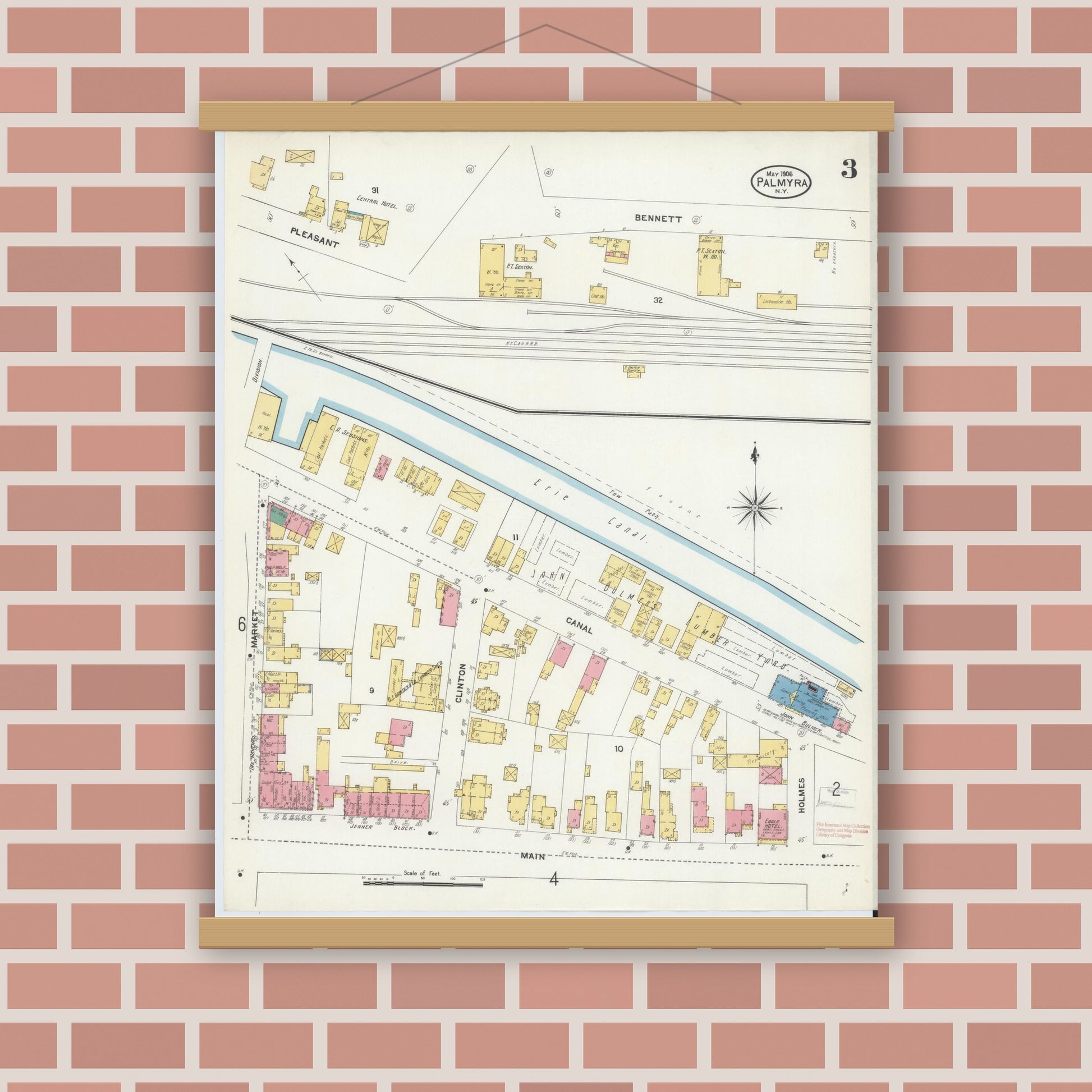 Old map wall art mockup — magnetic wood frame on brick wall — Sanborn Fire Insurance Map from Palmyra, Wayne County, New York (1906), Sheet #0003