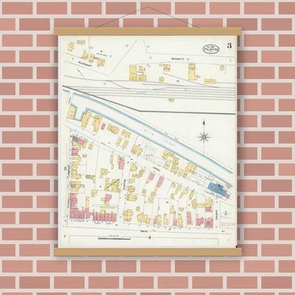 Old map wall art mockup — magnetic wood frame on brick wall — Sanborn Fire Insurance Map from Palmyra, Wayne County, New York (1906), Sheet #0003