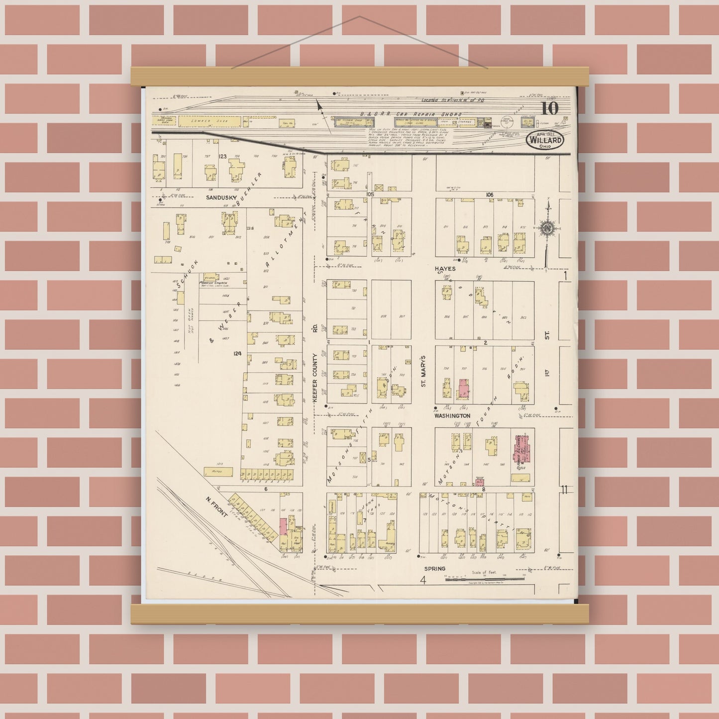 Old map wall art mockup — magnetic wood frame on brick wall — Sanborn Fire Insurance Map from Willard, Huron County, Ohio (1922), Sheet #0010