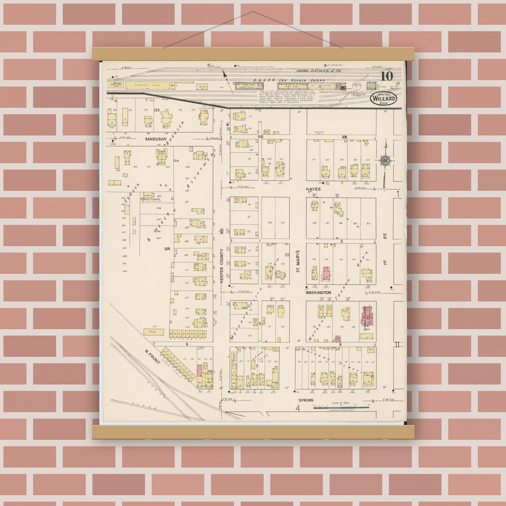 Old map wall art mockup — magnetic wood frame on brick wall — Sanborn Fire Insurance Map from Willard, Huron County, Ohio (1922), Sheet #0010