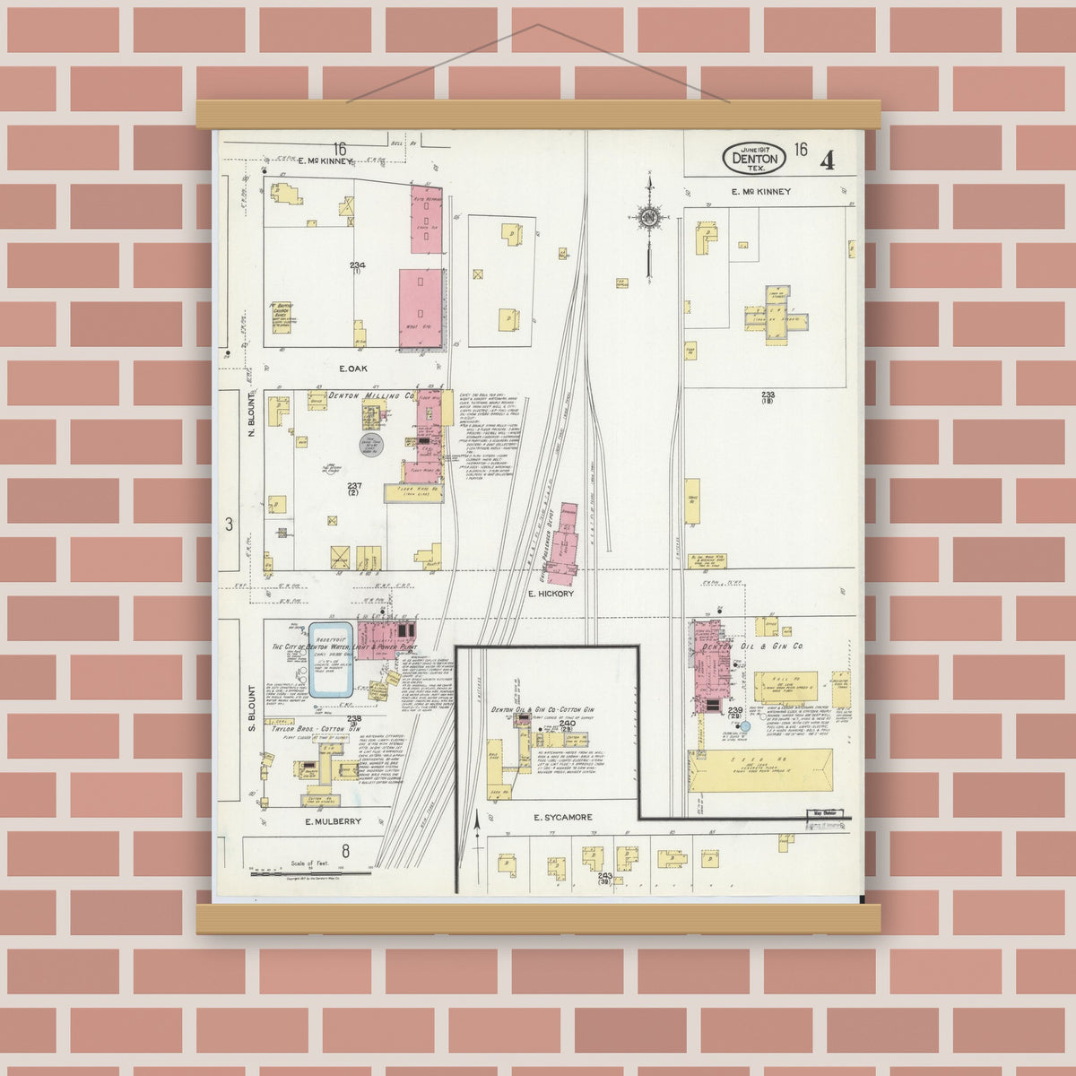 Old map wall art mockup — magnetic wood frame on brick wall — Sanborn Fire Insurance Map from Denton, Denton County, Texas (1917), Sheet #0004