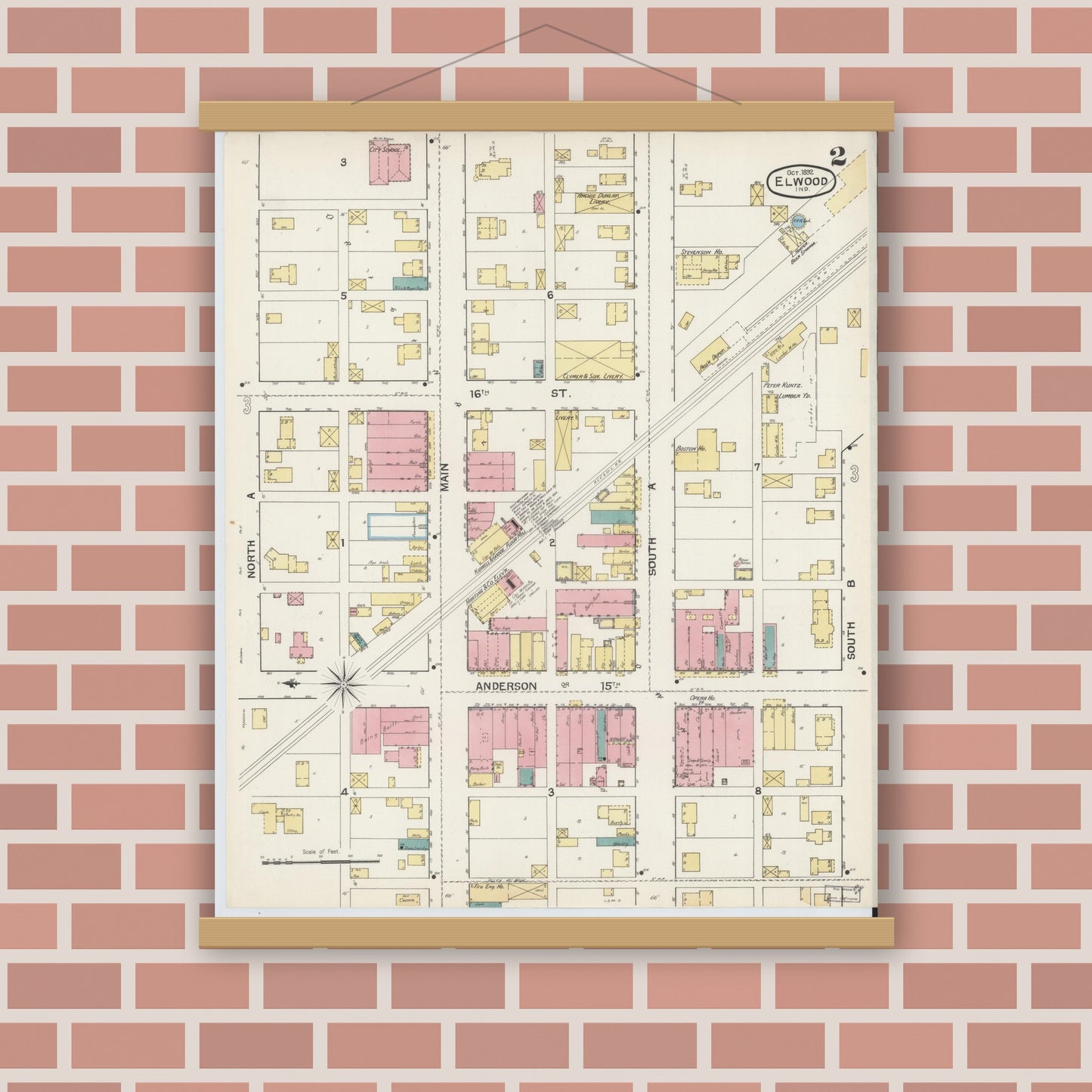 Old map wall art mockup — magnetic wood frame on brick wall — Sanborn Fire Insurance Map from Elwood, Madison County, Indiana (1892), Sheet #0002