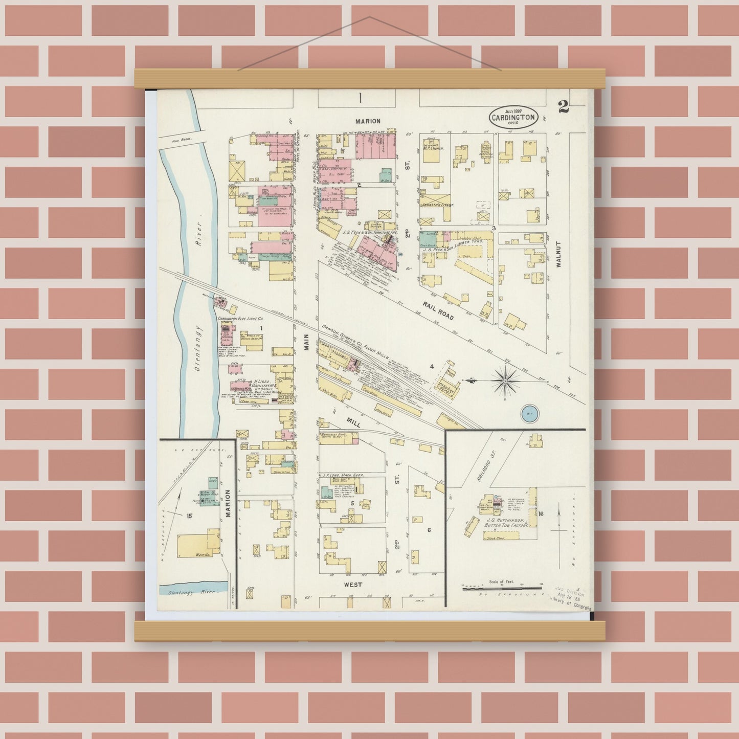Old map wall art mockup — magnetic wood frame on brick wall — Sanborn Fire Insurance Map from Cardington, Morrow County, Ohio (1897), Sheet #0002