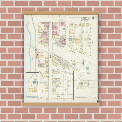 Old map wall art mockup — magnetic wood frame on brick wall — Sanborn Fire Insurance Map from Cardington, Morrow County, Ohio (1897), Sheet #0002