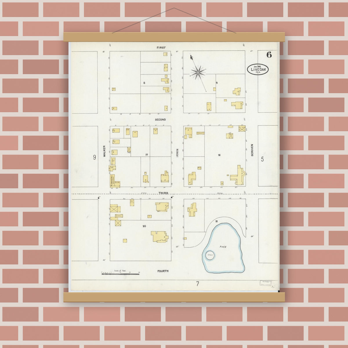 Old map wall art mockup — magnetic wood frame on brick wall — Sanborn Fire Insurance Map from Live Oak, Suwanee County, Florida (1906), Sheet #0006