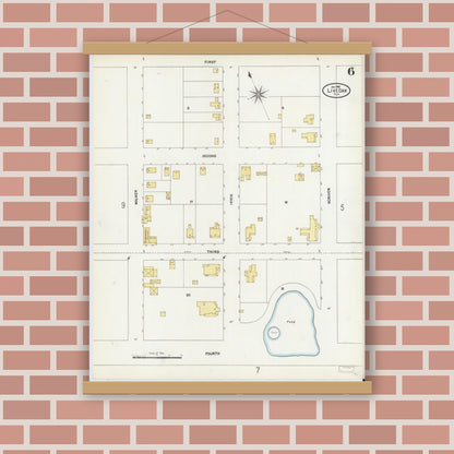 Old map wall art mockup — magnetic wood frame on brick wall — Sanborn Fire Insurance Map from Live Oak, Suwanee County, Florida (1906), Sheet #0006
