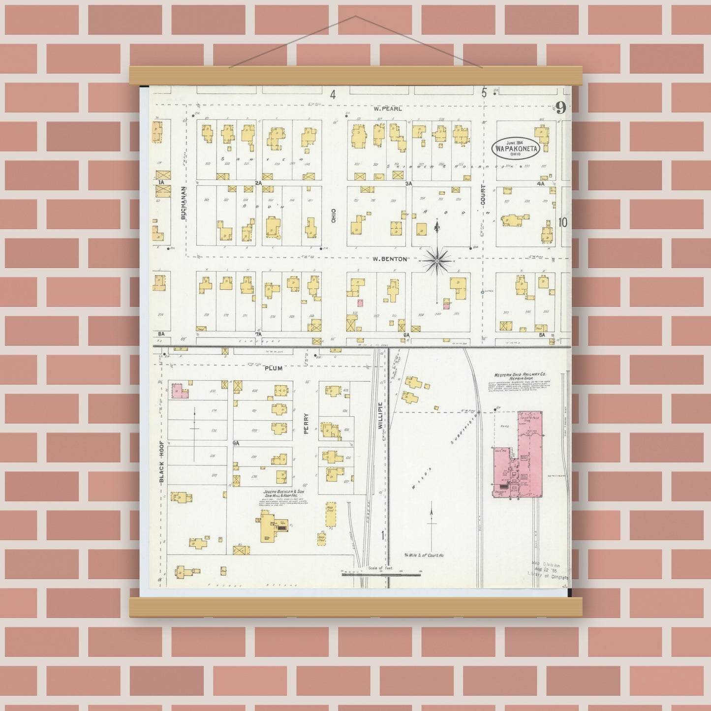 Old map wall art mockup — magnetic wood frame on brick wall — Sanborn Fire Insurance Map from Wapakoneta, Auglaize County, Ohio (1904), Sheet #0009
