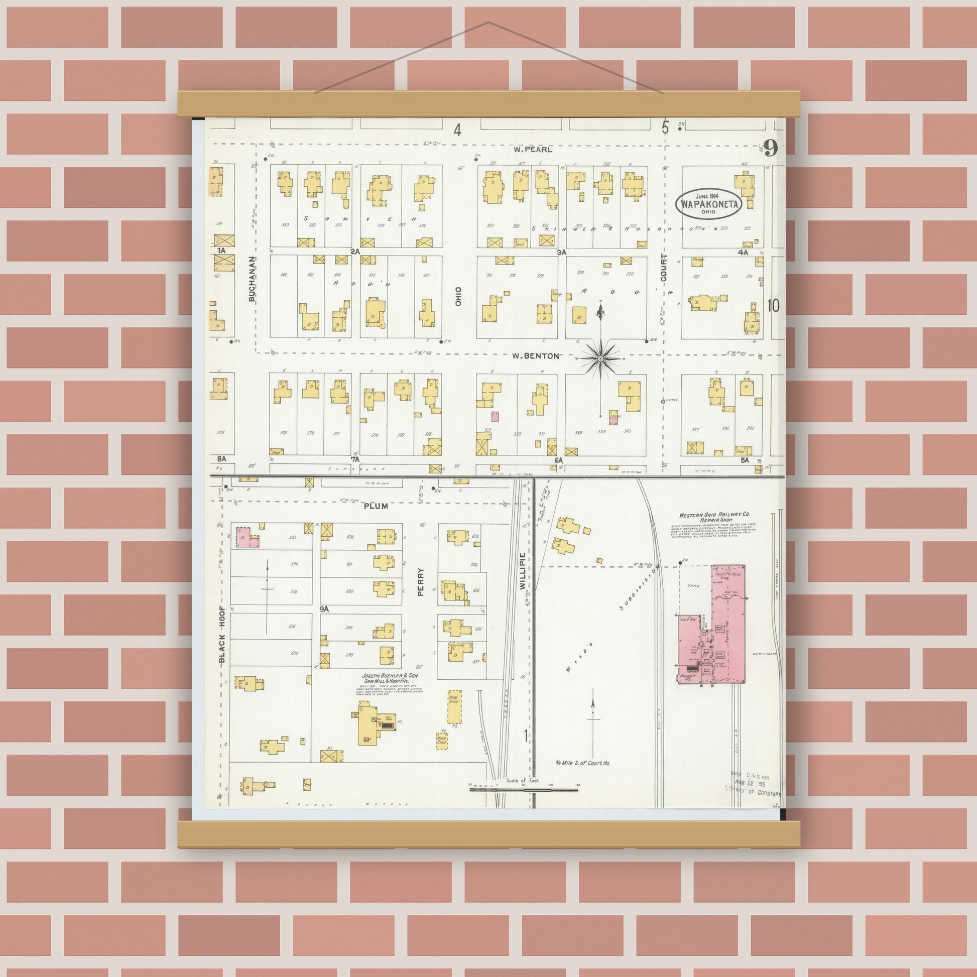 Old map wall art mockup — magnetic wood frame on brick wall — Sanborn Fire Insurance Map from Wapakoneta, Auglaize County, Ohio (1904), Sheet #0009