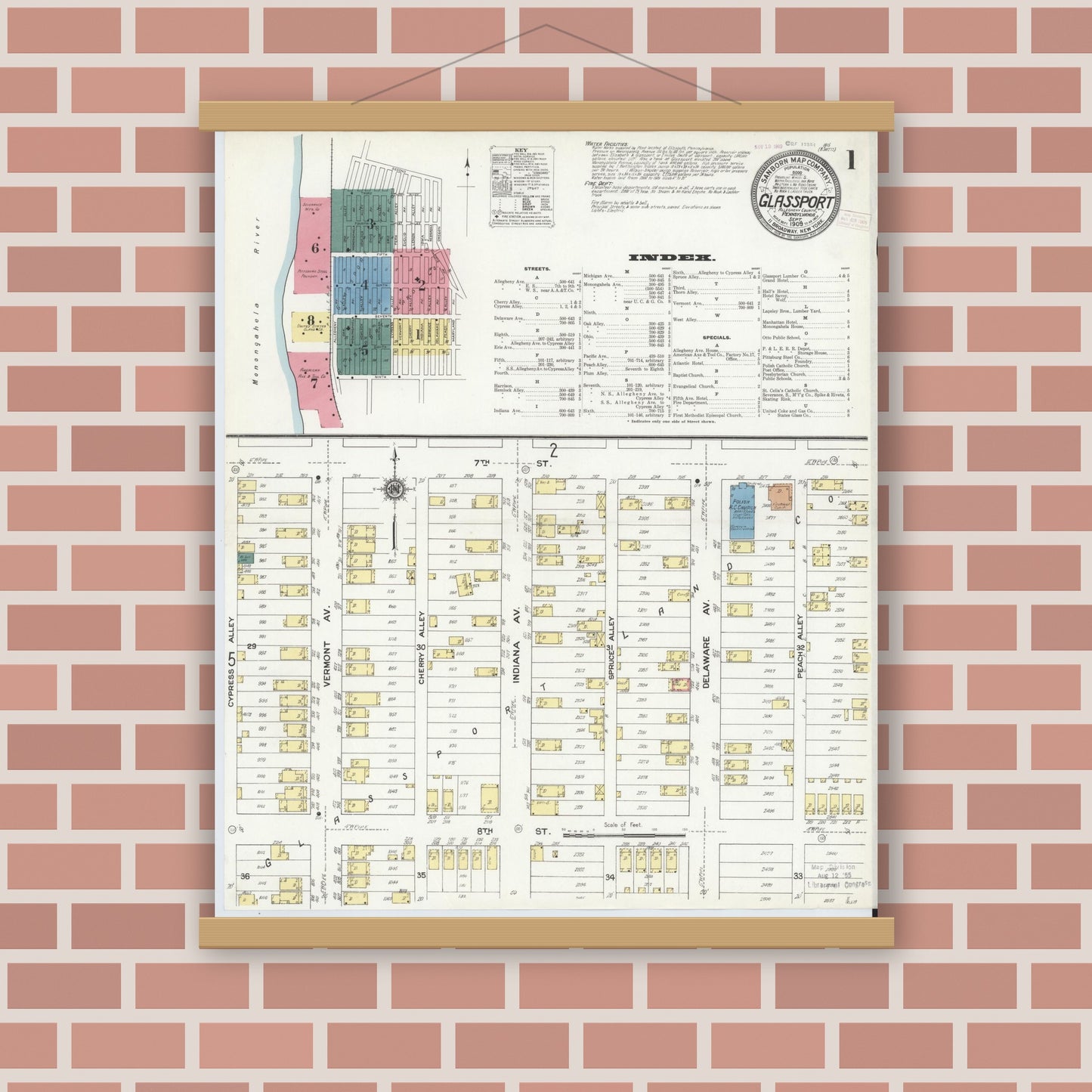 Old map wall art mockup — magnetic wood frame on brick wall — Sanborn Fire Insurance Map from Glassport, Allegheny County, Pennsylvania (1909) - Complete Map Set