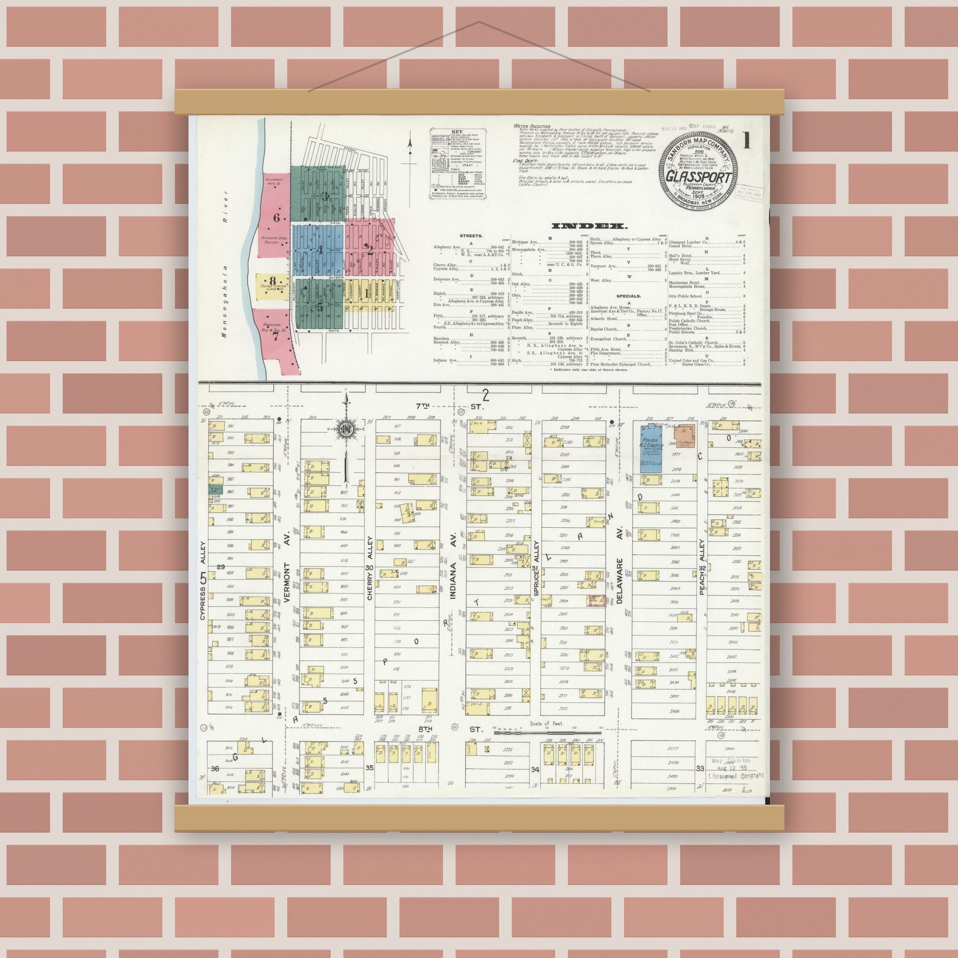 Old map wall art mockup — magnetic wood frame on brick wall — Sanborn Fire Insurance Map from Glassport, Allegheny County, Pennsylvania (1909) - Complete Map Set
