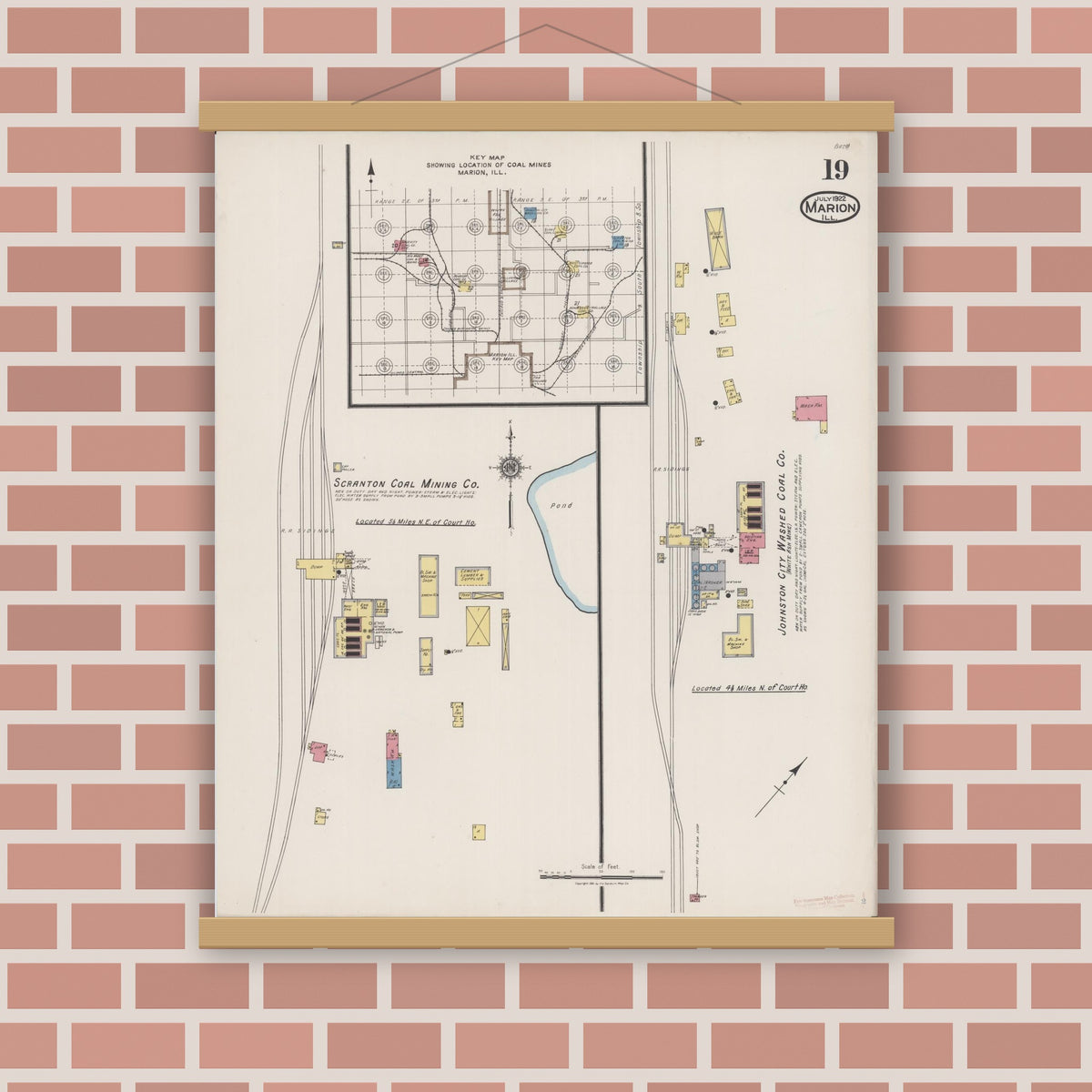 Old map wall art mockup — magnetic wood frame on brick wall — Sanborn Fire Insurance Map from Marion, Williamson County, Illinois (1922), Sheet #0019