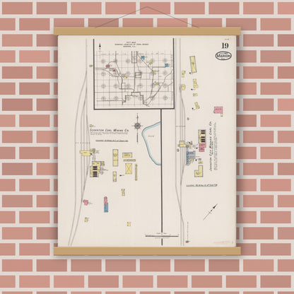 Old map wall art mockup — magnetic wood frame on brick wall — Sanborn Fire Insurance Map from Marion, Williamson County, Illinois (1922), Sheet #0019