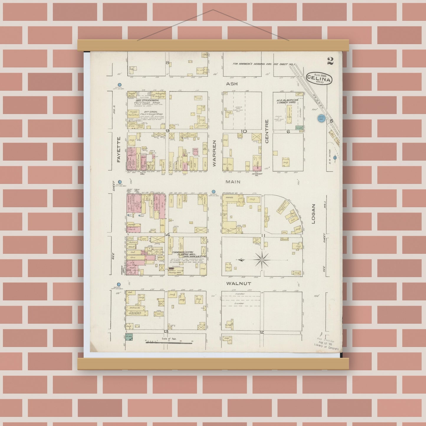 Old map wall art mockup — magnetic wood frame on brick wall — Sanborn Fire Insurance Map from Celina, Mercer County, Ohio (1885), Sheet #0002