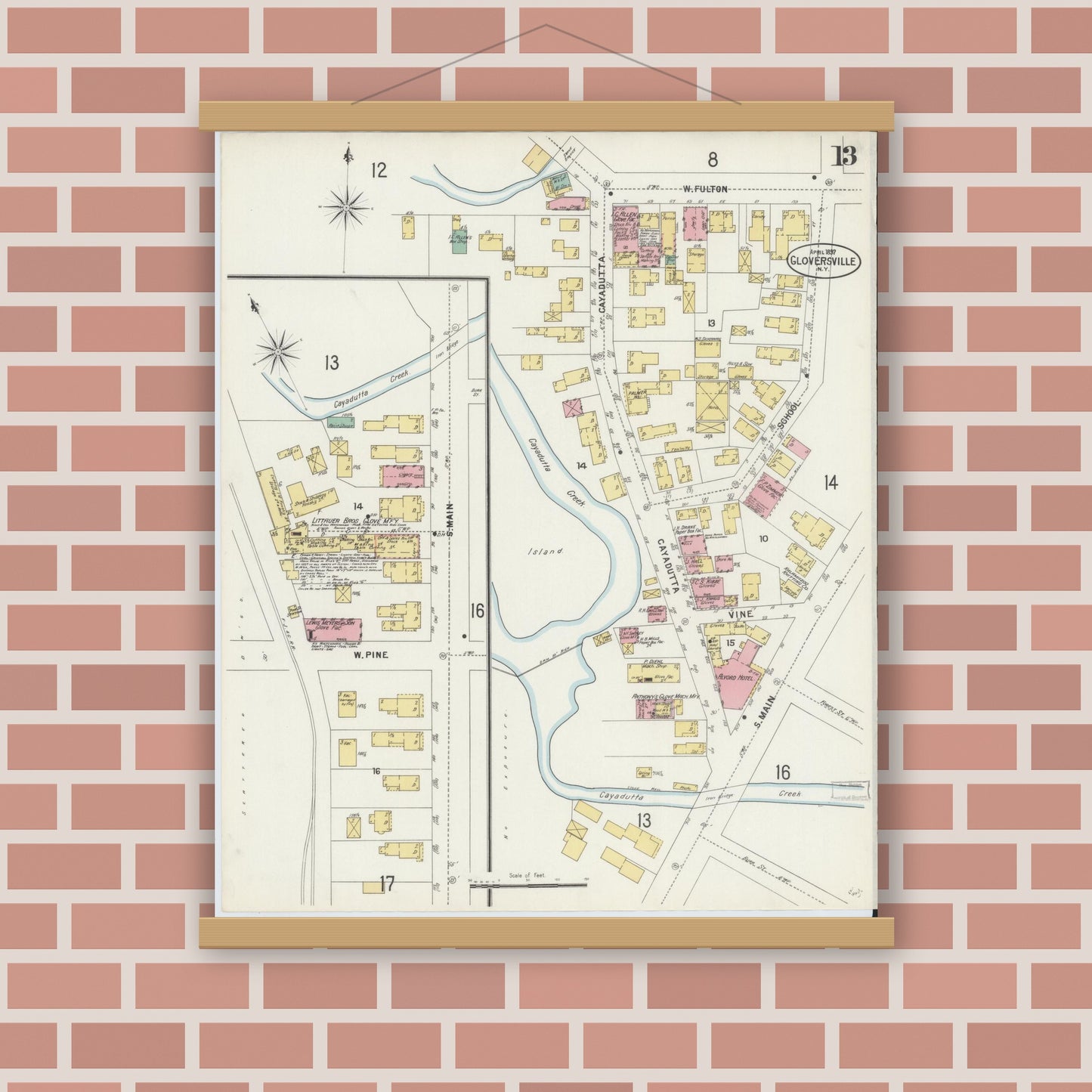 Old map wall art mockup — magnetic wood frame on brick wall — Sanborn Fire Insurance Map from Gloversville, Fulton County, New York (1897), Sheet #0013