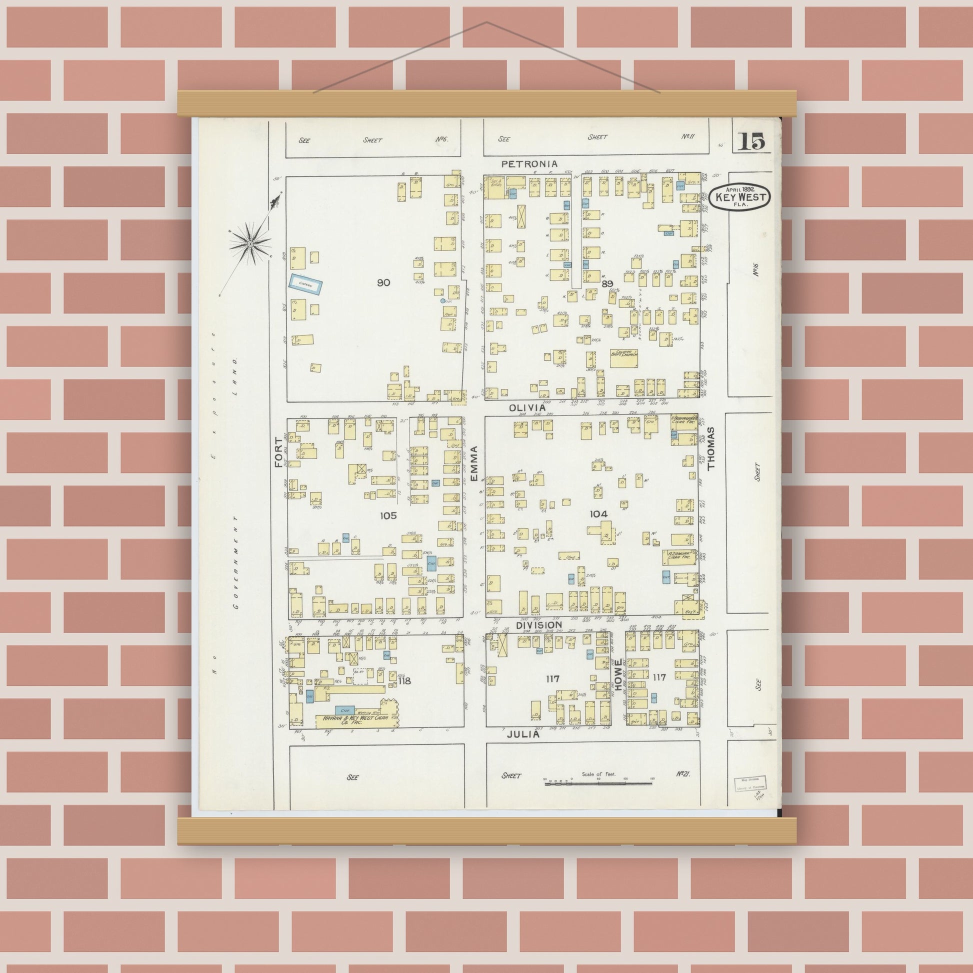 Old map wall art mockup — magnetic wood frame on brick wall — Sanborn Fire Insurance Map from Key West, Monroe County, Florida (1892), Sheet #0015