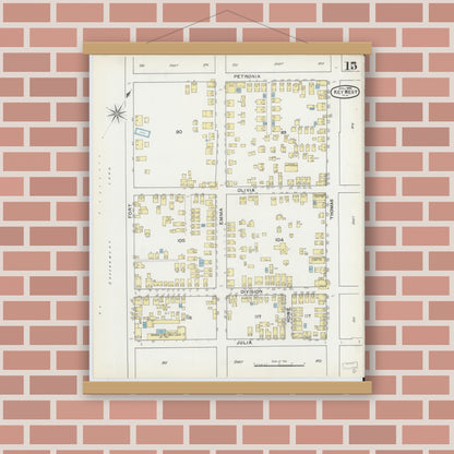 Old map wall art mockup — magnetic wood frame on brick wall — Sanborn Fire Insurance Map from Key West, Monroe County, Florida (1892), Sheet #0015