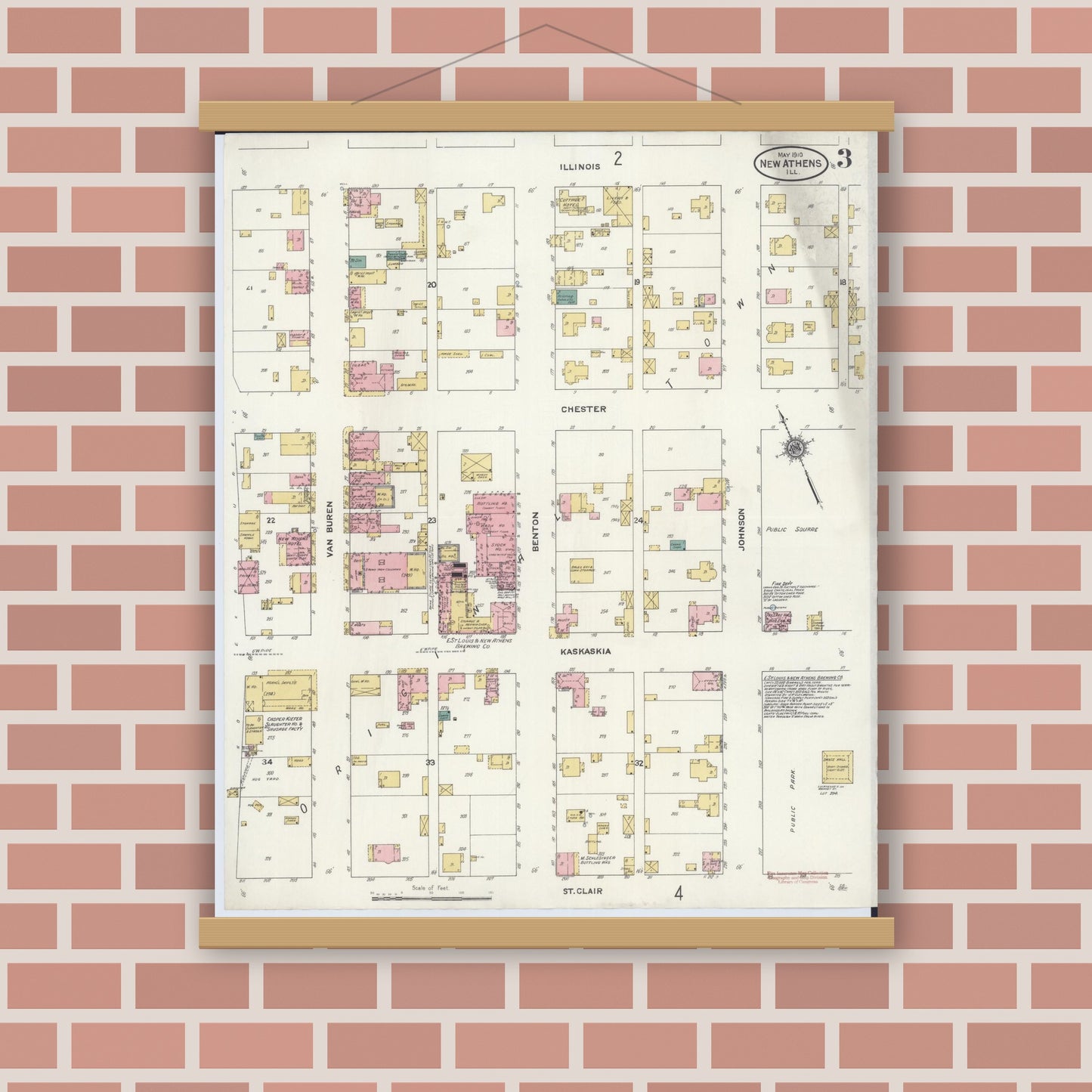 Old map wall art mockup — magnetic wood frame on brick wall — Sanborn Fire Insurance Map from New Athens, Saint Clair County, Illinois (1910), Sheet #0003