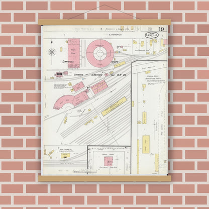 Old map wall art mockup — magnetic wood frame on brick wall — Sanborn Fire Insurance Map from Danville, Vermilion County, Illinois (1895), Sheet #0019