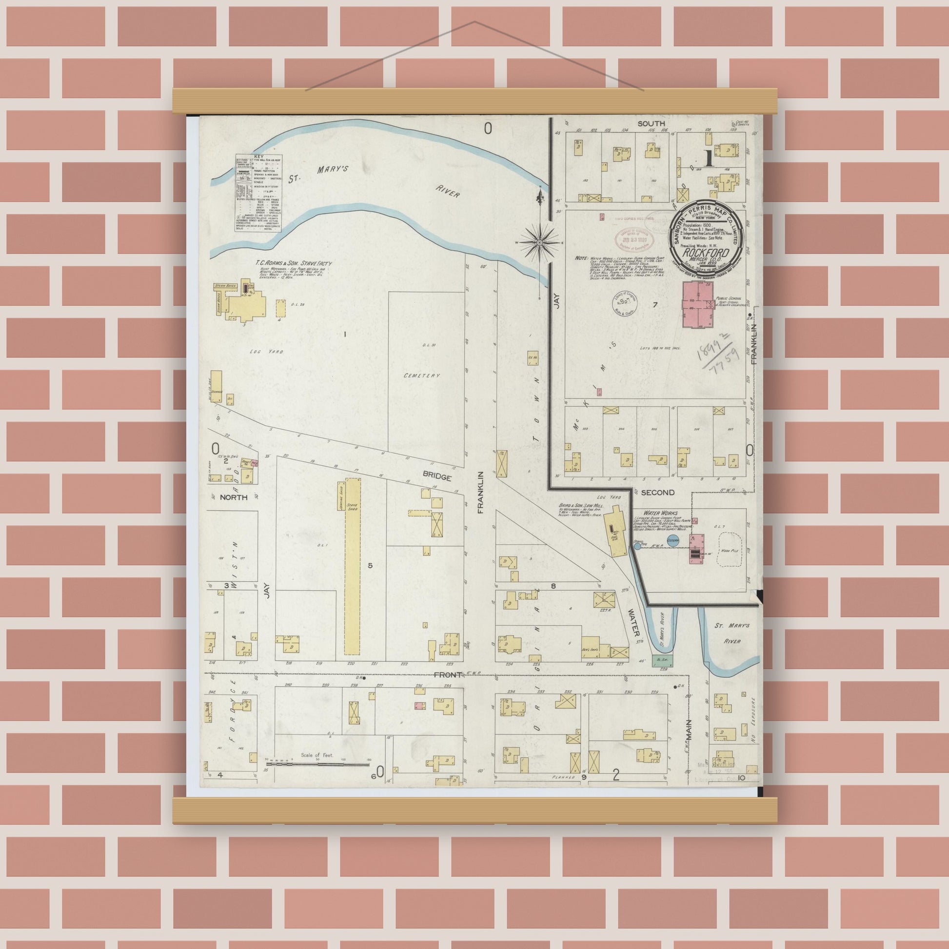 Old map wall art mockup — magnetic wood frame on brick wall — Sanborn Fire Insurance Map from Rockford, Mercer County, Ohio (1899) - Complete Map Set