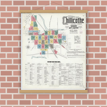 Old map wall art mockup — magnetic wood frame on brick wall — Sanborn Fire Insurance Map from Chillicothe, Ross County, Ohio (1909), Sheet #0001