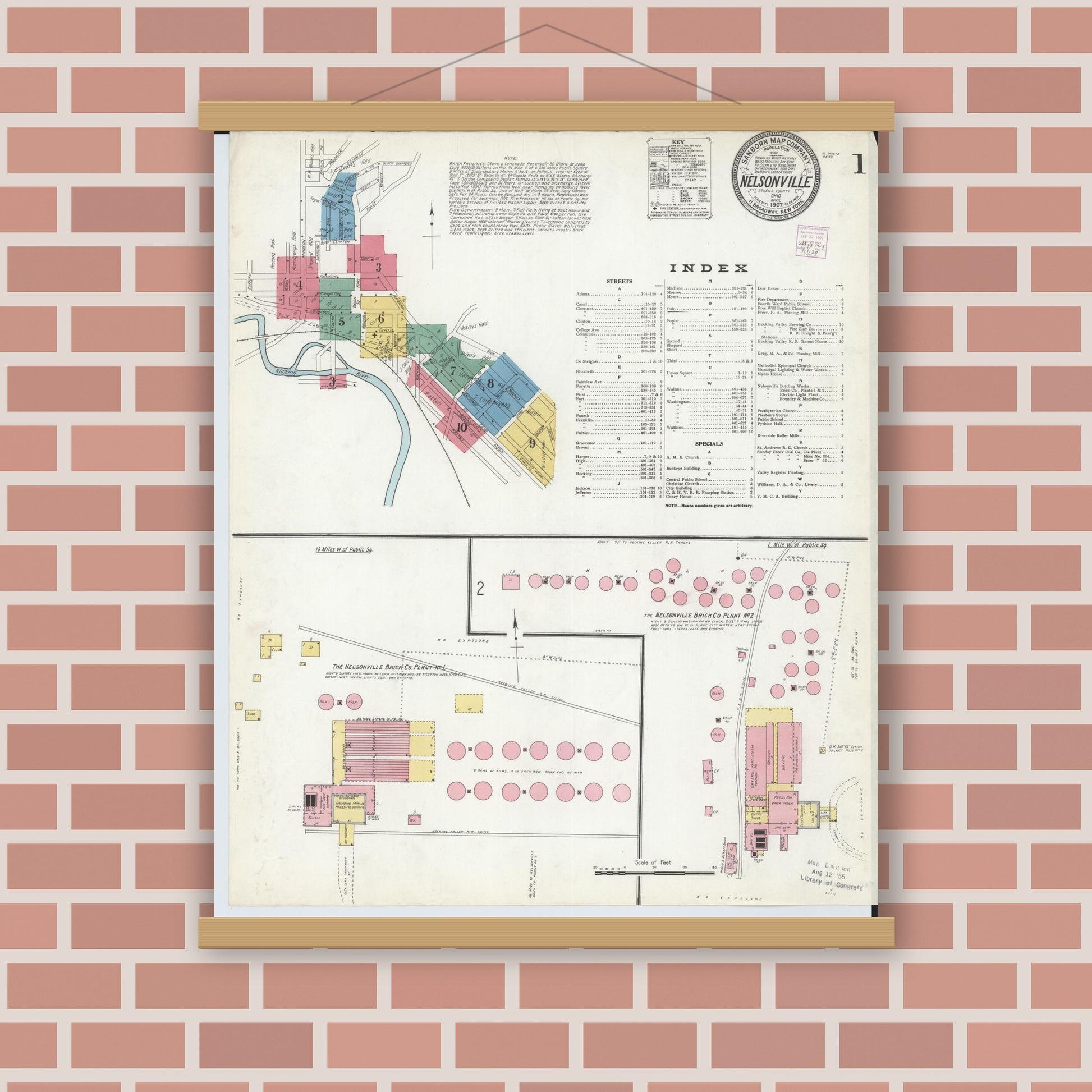 Old map wall art mockup — magnetic wood frame on brick wall — Sanborn Fire Insurance Map from Nelsonville, Athens County, Ohio (1907), Sheet #0001