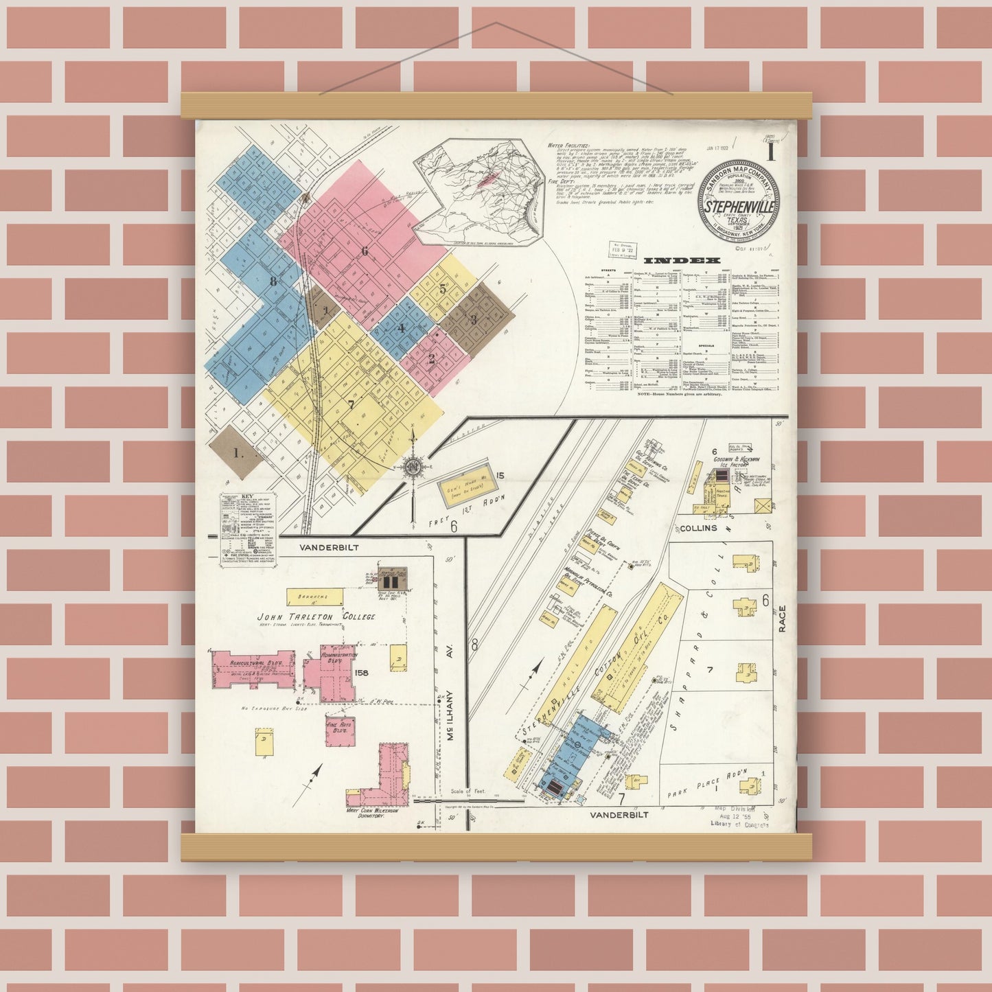 Old map wall art mockup — magnetic wood frame on brick wall — Sanborn Fire Insurance Map from Stephenville, Erath County, Texas (1921), Sheet #0001