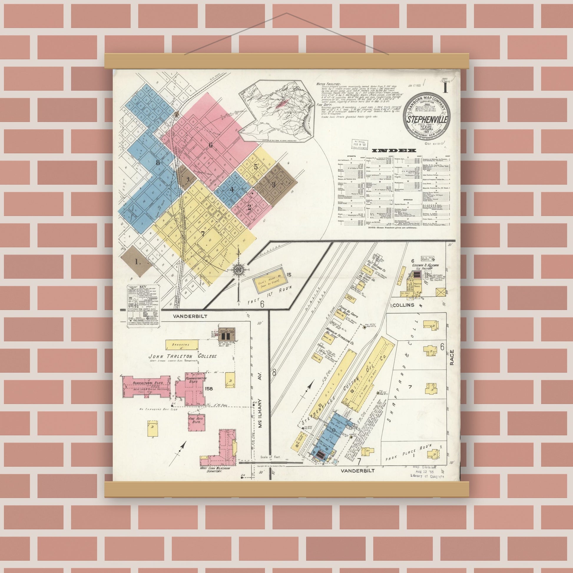 Old map wall art mockup — magnetic wood frame on brick wall — Sanborn Fire Insurance Map from Stephenville, Erath County, Texas (1921), Sheet #0001