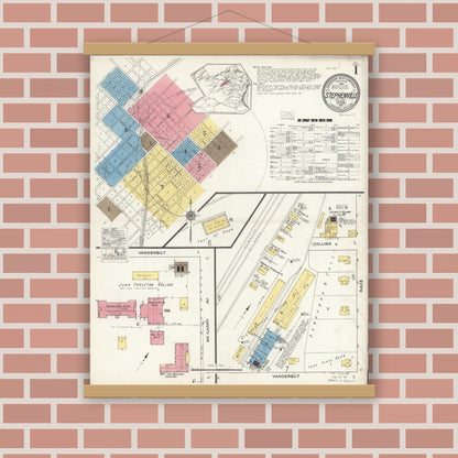 Old map wall art mockup — magnetic wood frame on brick wall — Sanborn Fire Insurance Map from Stephenville, Erath County, Texas (1921), Sheet #0001