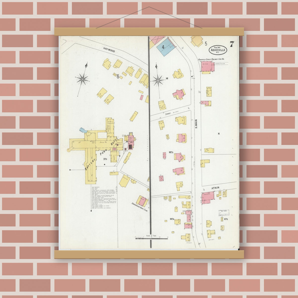 Old map wall art mockup — magnetic wood frame on brick wall — Sanborn Fire Insurance Map from Asheville, Buncombe County, North Carolina (1901), Sheet #0007
