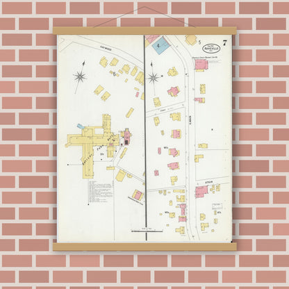Old map wall art mockup — magnetic wood frame on brick wall — Sanborn Fire Insurance Map from Asheville, Buncombe County, North Carolina (1901), Sheet #0007