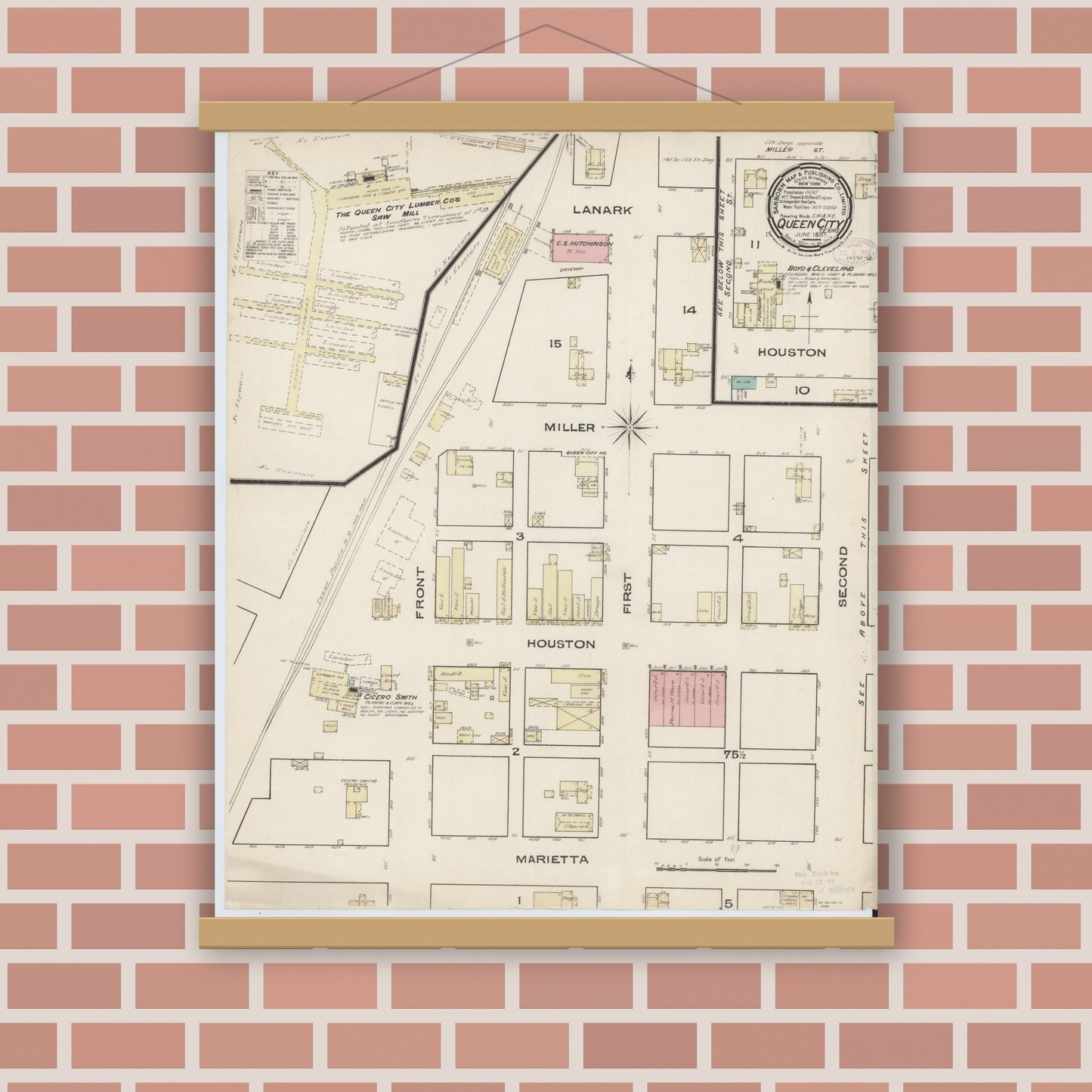 Old map wall art mockup — magnetic wood frame on brick wall — Sanborn Fire Insurance Map from Queen City, Cass County, Texas (1885), Sheet #0001