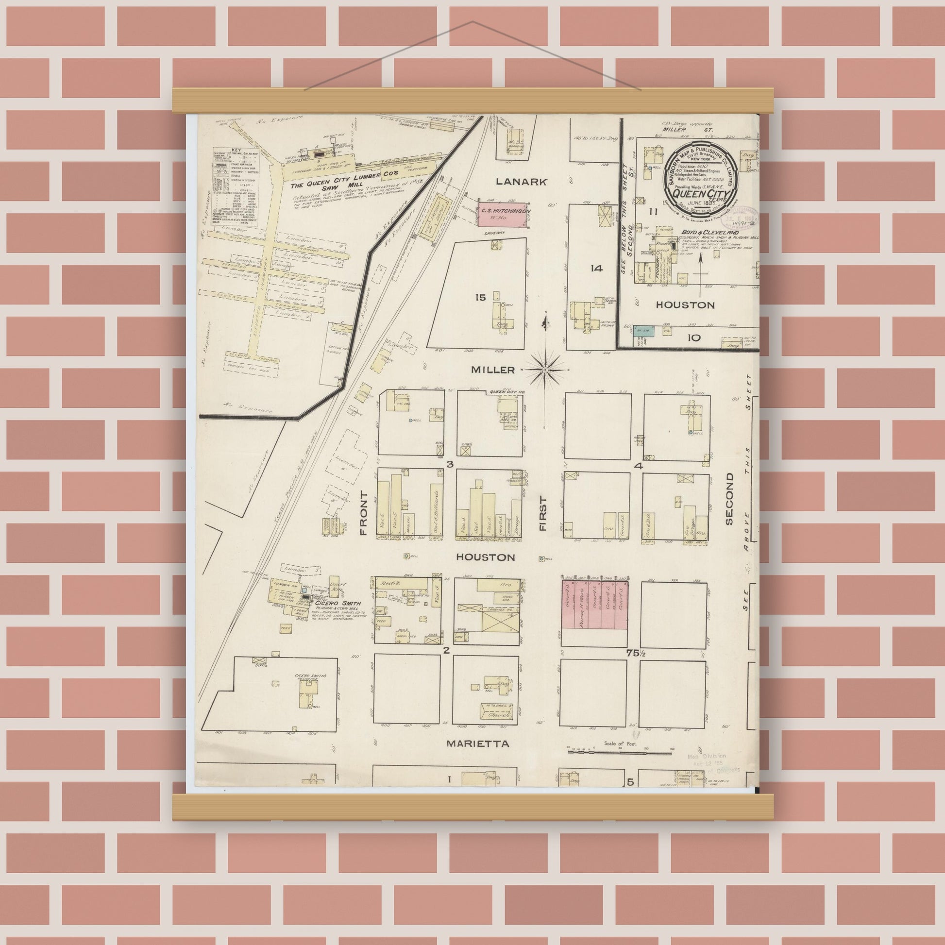 Old map wall art mockup — magnetic wood frame on brick wall — Sanborn Fire Insurance Map from Queen City, Cass County, Texas (1885), Sheet #0001