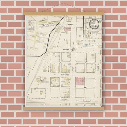 Old map wall art mockup — magnetic wood frame on brick wall — Sanborn Fire Insurance Map from Queen City, Cass County, Texas (1885), Sheet #0001