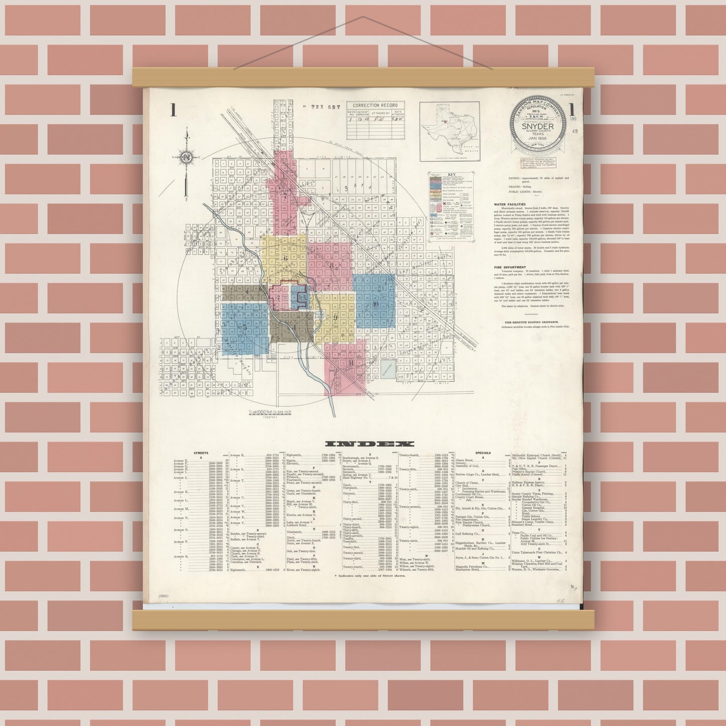Old map wall art mockup — magnetic wood frame on brick wall — Sanborn Fire Insurance Map from Snyder, Scurry County, Texas (1942) - Complete Map Set