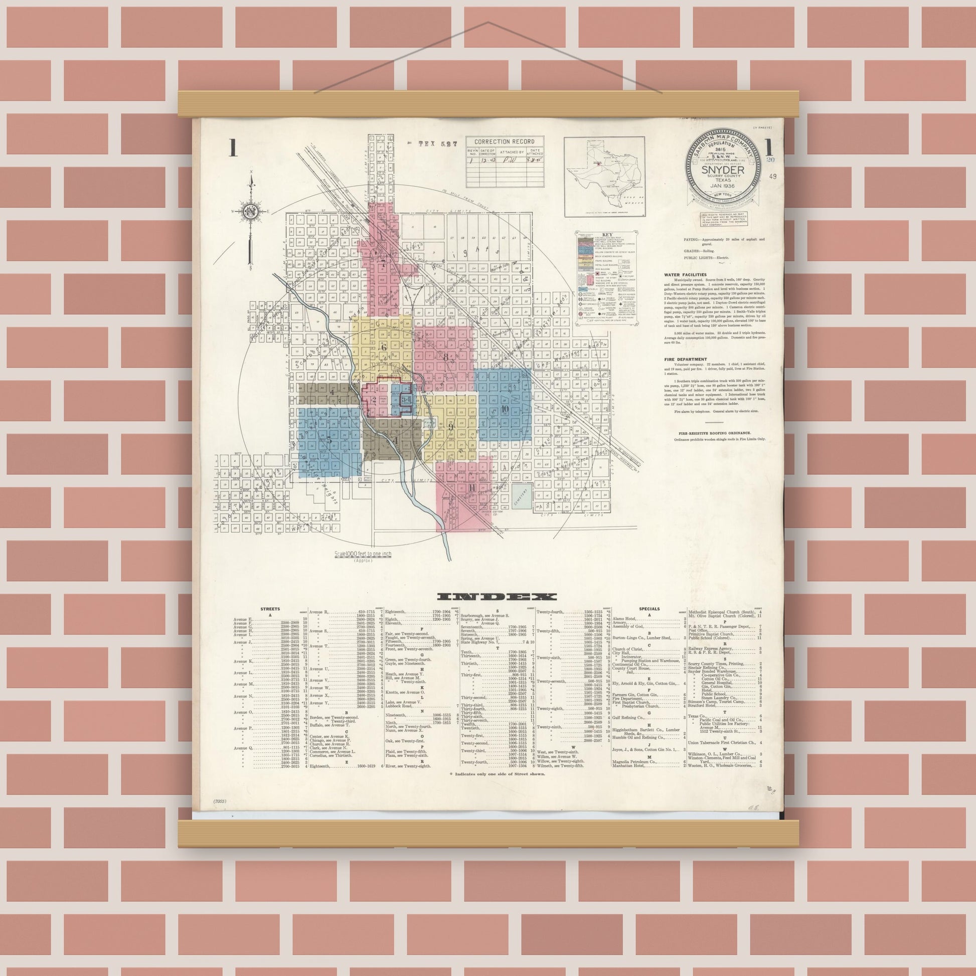 Old map wall art mockup — magnetic wood frame on brick wall — Sanborn Fire Insurance Map from Snyder, Scurry County, Texas (1942) - Complete Map Set