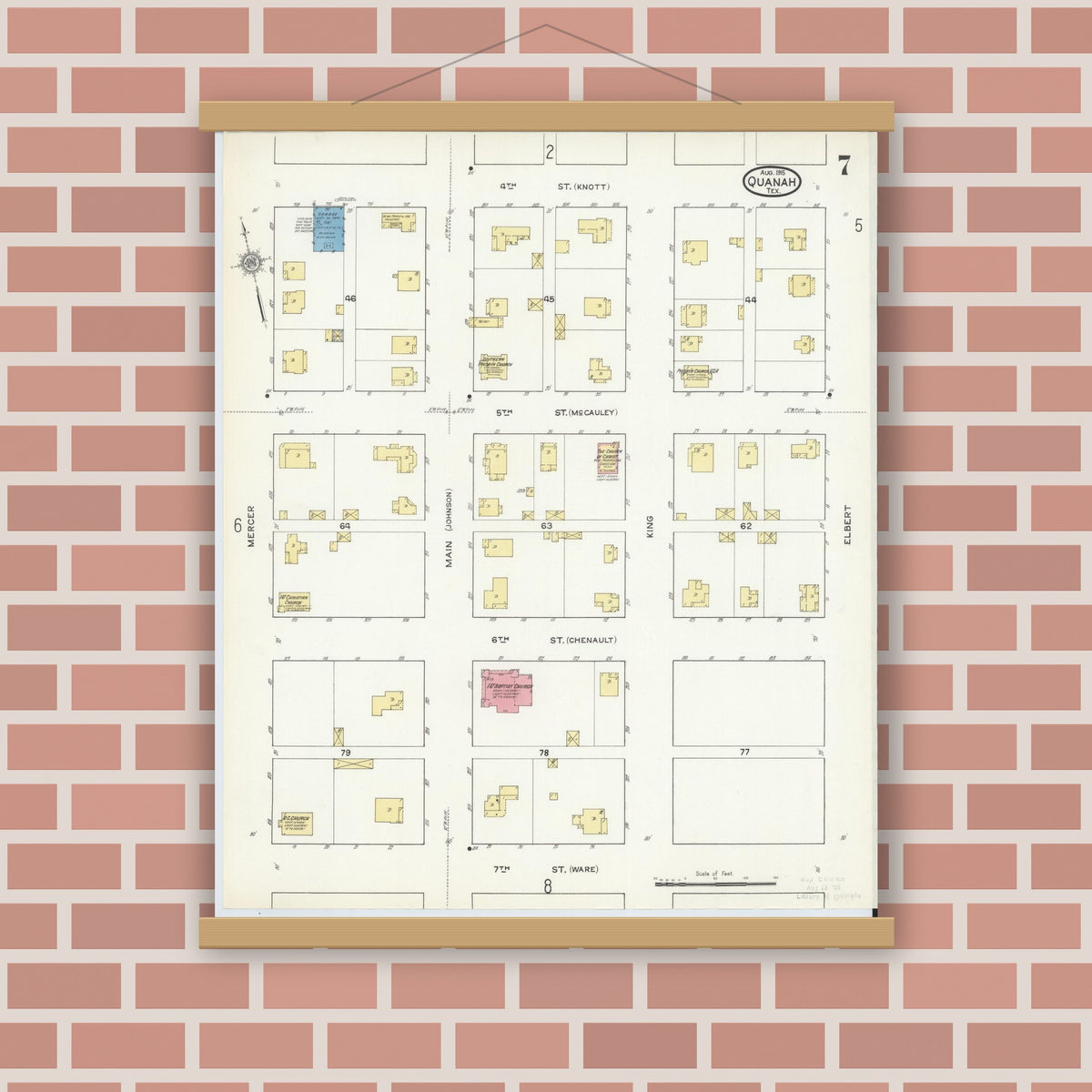 Old map wall art mockup — magnetic wood frame on brick wall — Sanborn Fire Insurance Map from Quanah, Hardeman County, Texas (1915), Sheet #0007