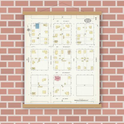 Old map wall art mockup — magnetic wood frame on brick wall — Sanborn Fire Insurance Map from Quanah, Hardeman County, Texas (1915), Sheet #0007
