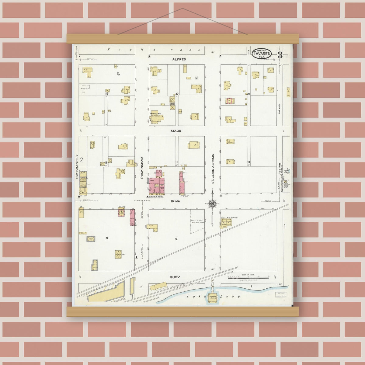 Old map wall art mockup — magnetic wood frame on brick wall — Sanborn Fire Insurance Map from Tavares, Lake County, Florida (1920), Sheet #0003