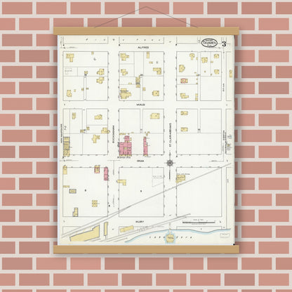 Old map wall art mockup — magnetic wood frame on brick wall — Sanborn Fire Insurance Map from Tavares, Lake County, Florida (1920), Sheet #0003