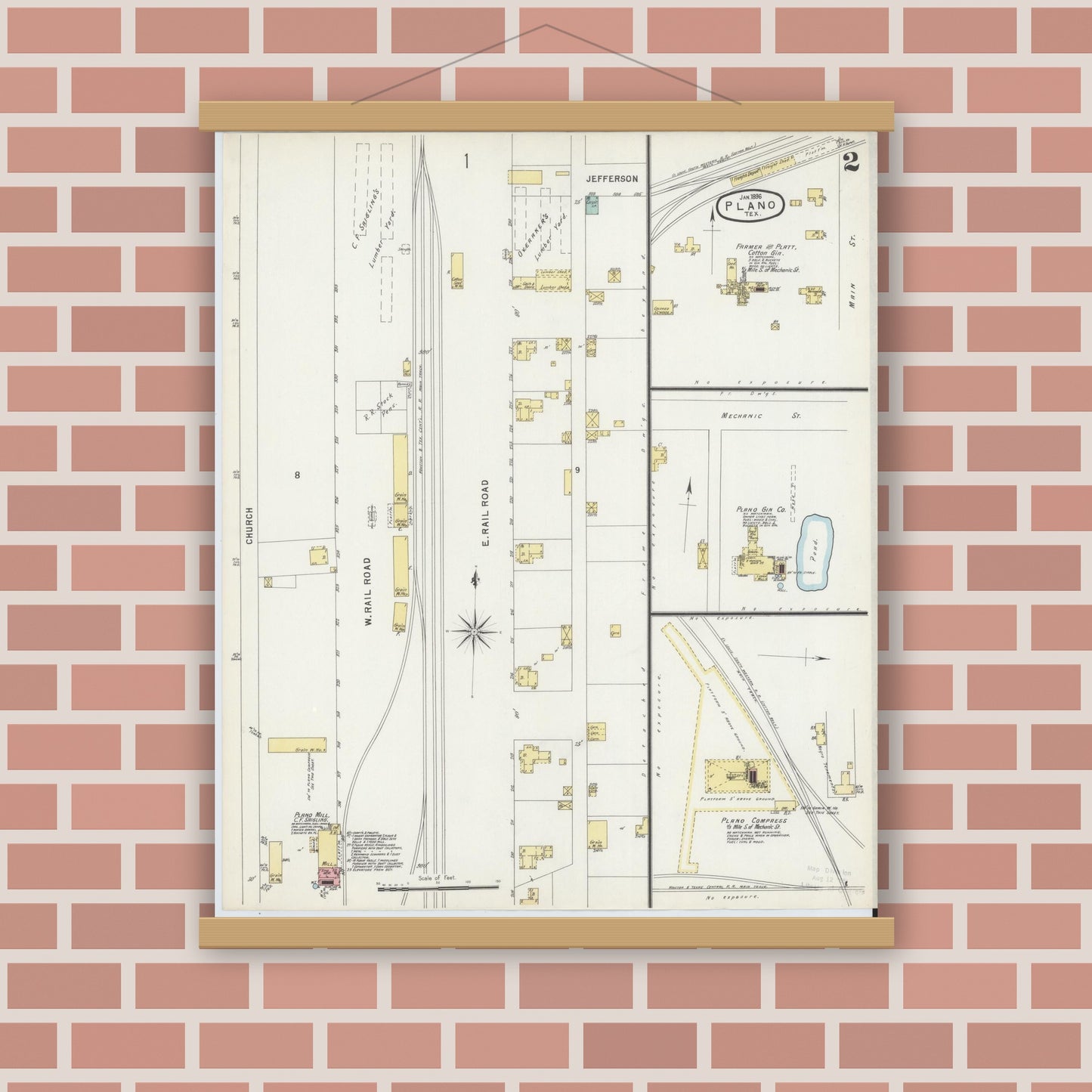 Old map wall art mockup — magnetic wood frame on brick wall — Sanborn Fire Insurance Map from Plano, Collin County, Texas (1896), Sheet #0002