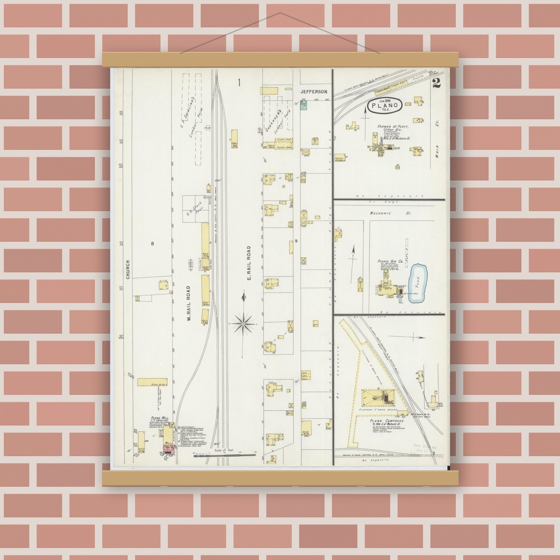 Old map wall art mockup — magnetic wood frame on brick wall — Sanborn Fire Insurance Map from Plano, Collin County, Texas (1896), Sheet #0002