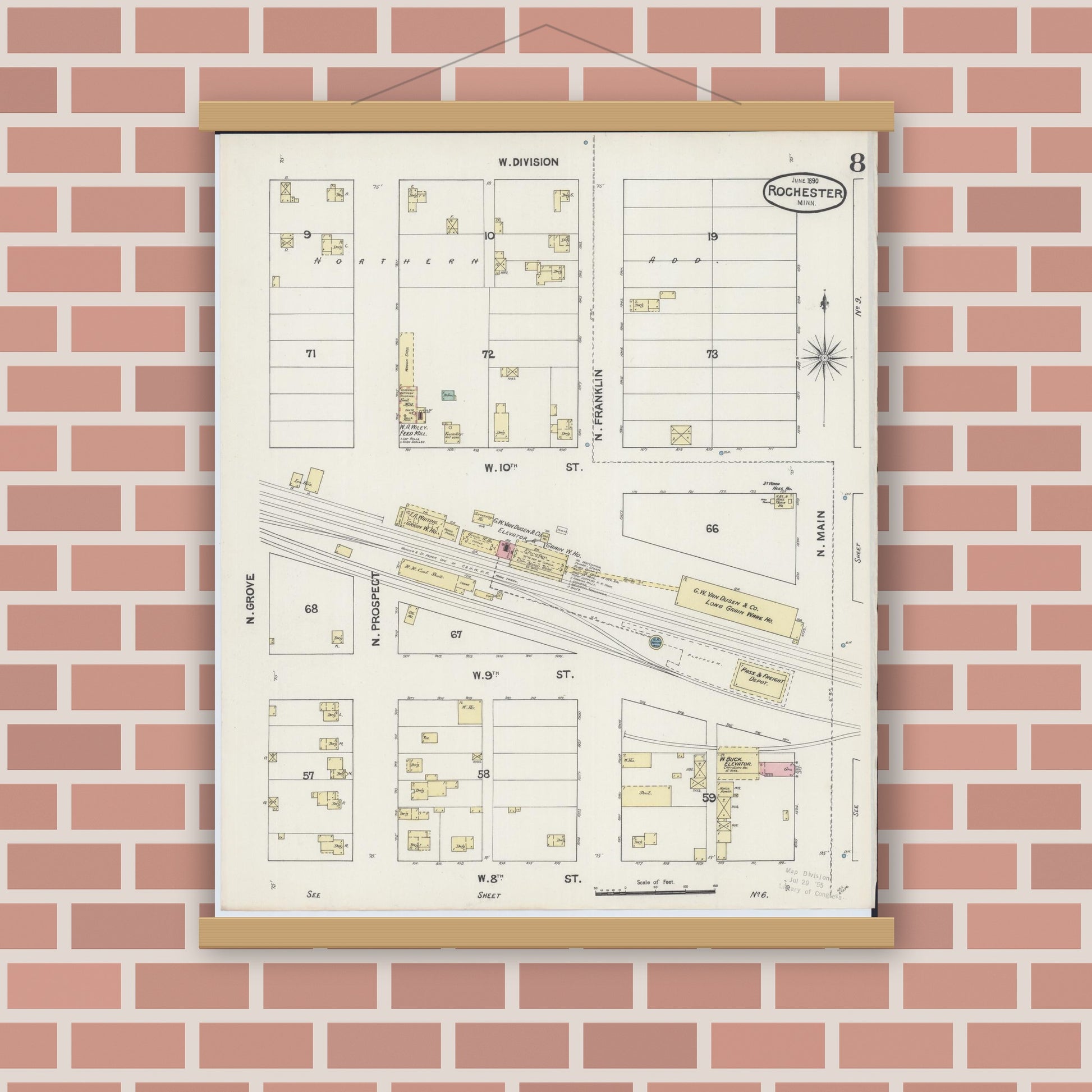 Old map wall art mockup — magnetic wood frame on brick wall — Sanborn Fire Insurance Map from Rochester, Olmsted County, Minnesota (1890), Sheet #0008