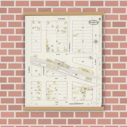 Old map wall art mockup — magnetic wood frame on brick wall — Sanborn Fire Insurance Map from Rochester, Olmsted County, Minnesota (1890), Sheet #0008