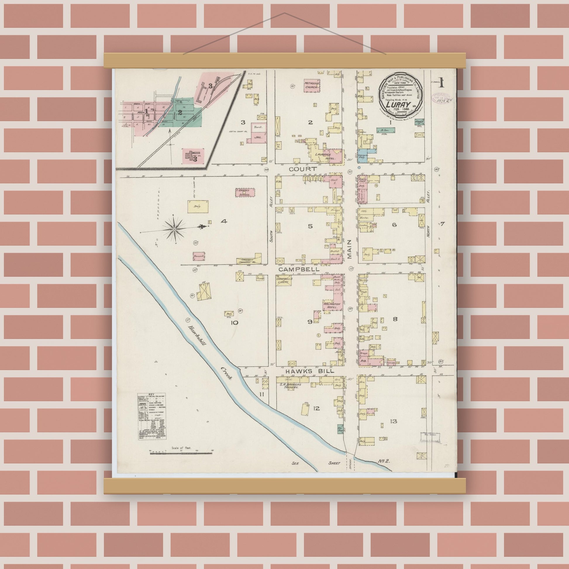 Old map wall art mockup — magnetic wood frame on brick wall — Sanborn Fire Insurance Map from Luray, Page County, Virginia (1886) - Complete Map Set