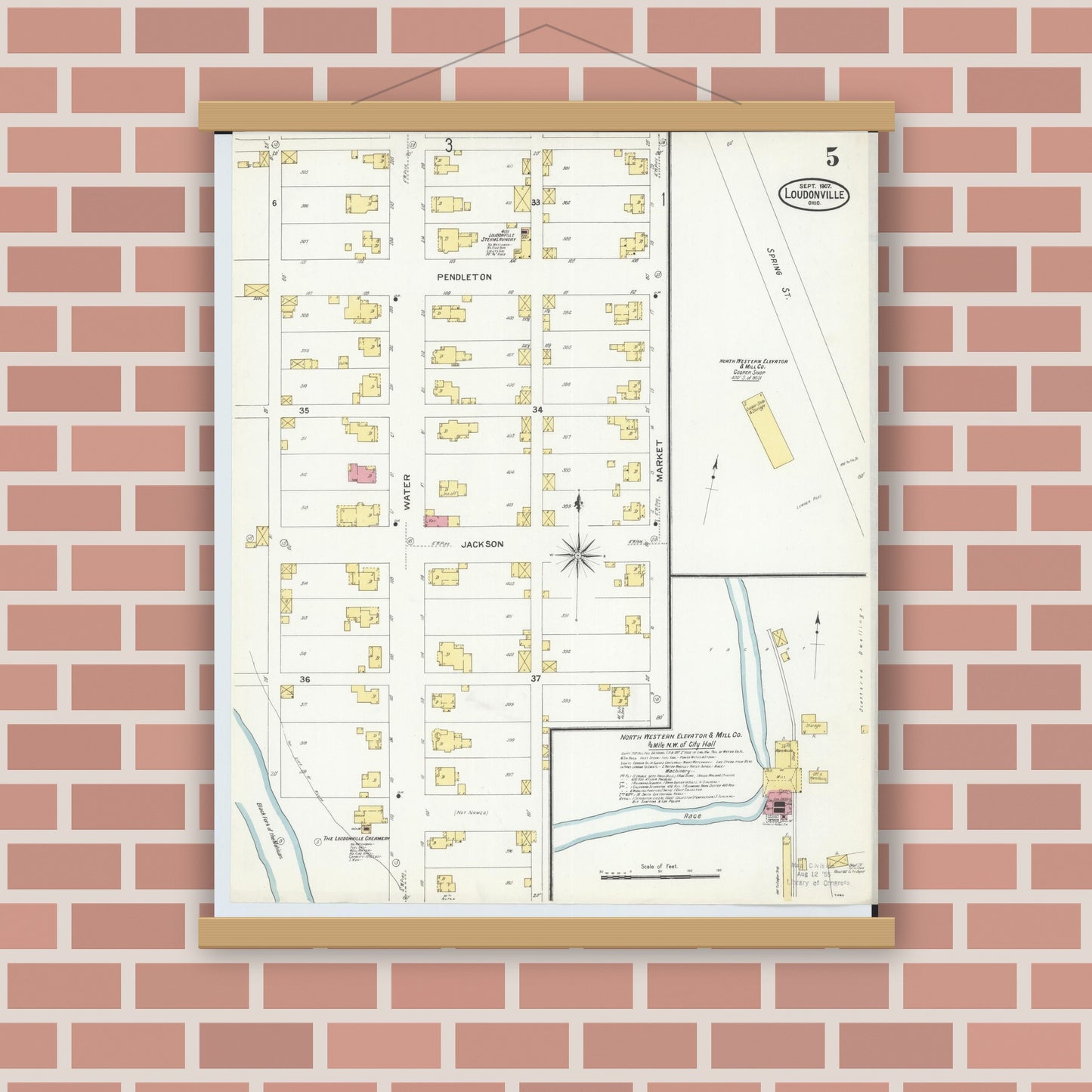 Old map wall art mockup — magnetic wood frame on brick wall — Sanborn Fire Insurance Map from Loudonville, Ashland County, Ohio (1907), Sheet #0005