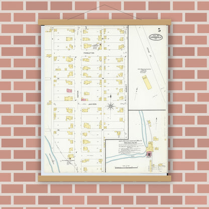 Old map wall art mockup — magnetic wood frame on brick wall — Sanborn Fire Insurance Map from Loudonville, Ashland County, Ohio (1907), Sheet #0005