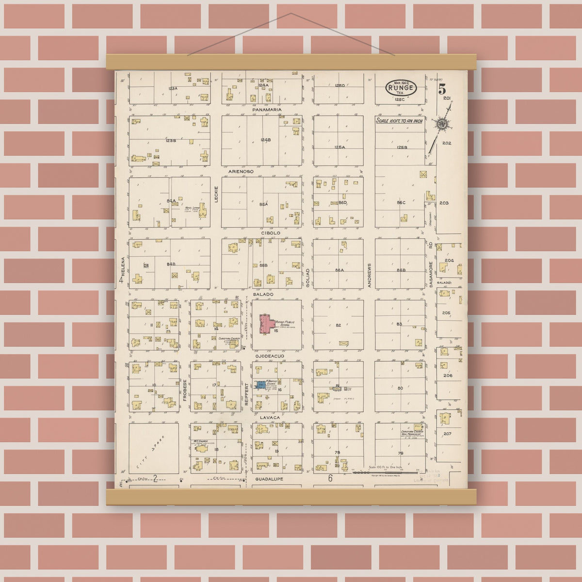 Old map wall art mockup — magnetic wood frame on brick wall — Sanborn Fire Insurance Map from Runge, Karnes County, Texas (1922), Sheet #0005