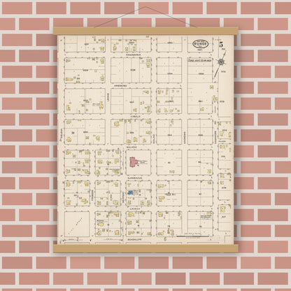 Old map wall art mockup — magnetic wood frame on brick wall — Sanborn Fire Insurance Map from Runge, Karnes County, Texas (1922), Sheet #0005