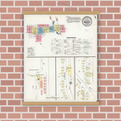 Old map wall art mockup — magnetic wood frame on brick wall — Sanborn Fire Insurance Map from Windber, Somerset County, Pennsylvania (1910), Sheet #0001