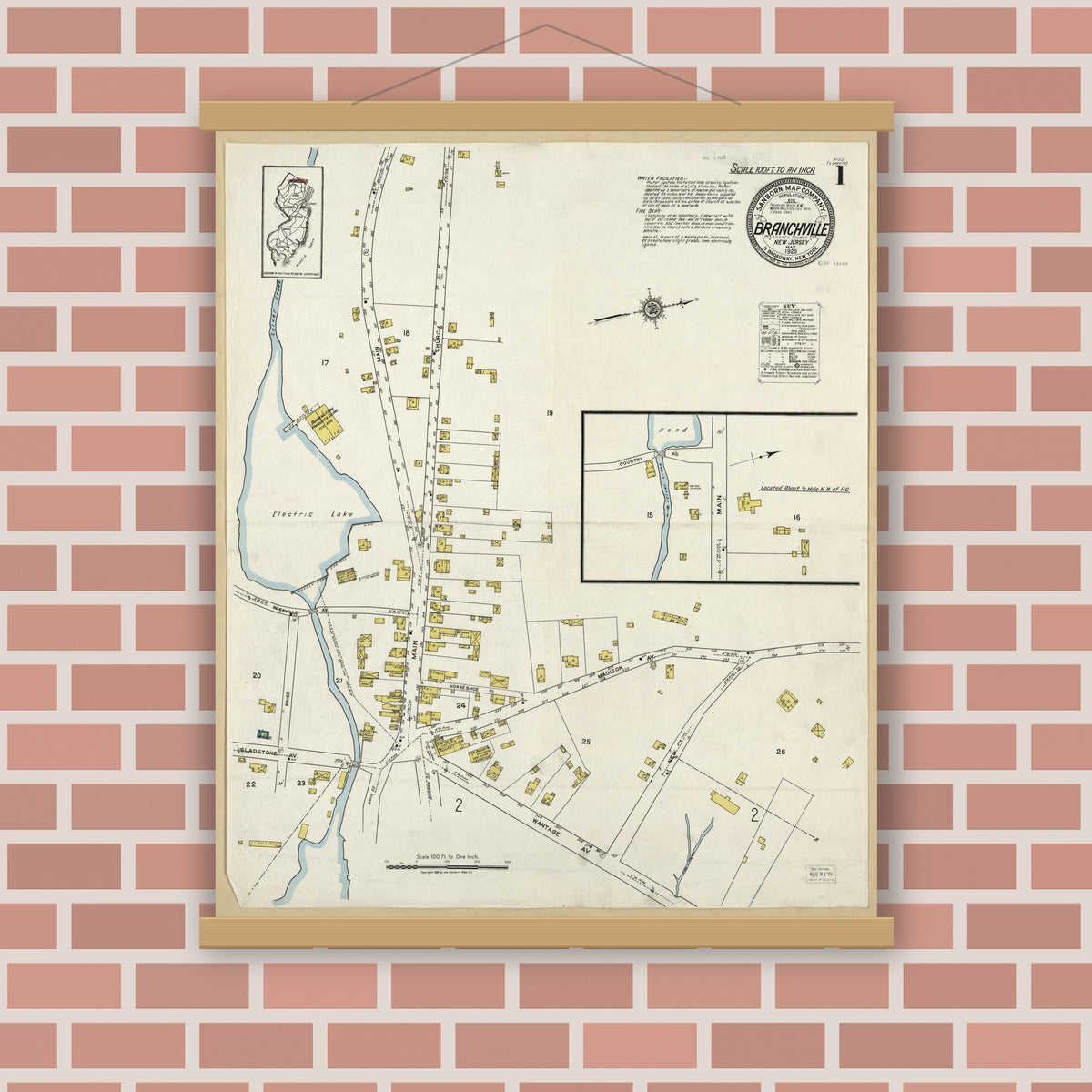 Old map wall art mockup — magnetic wood frame on brick wall — Sanborn Fire Insurance Map from Branchville, Sussex County, New Jersey (1920), Sheet #0001